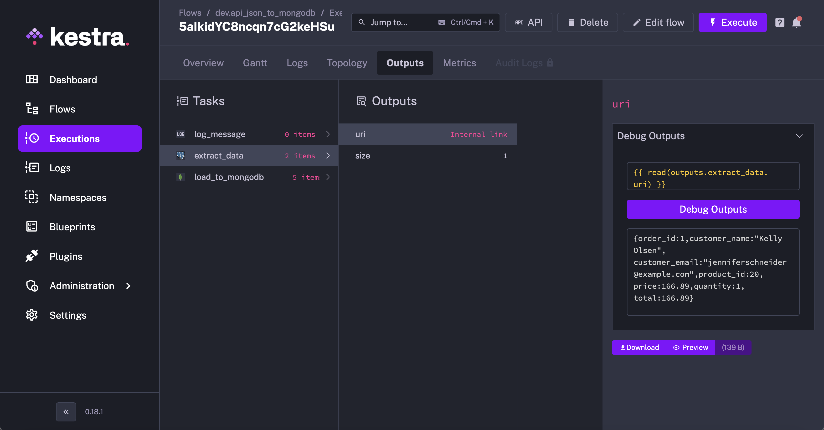 Kestra User Interface Execution Debug Outputs